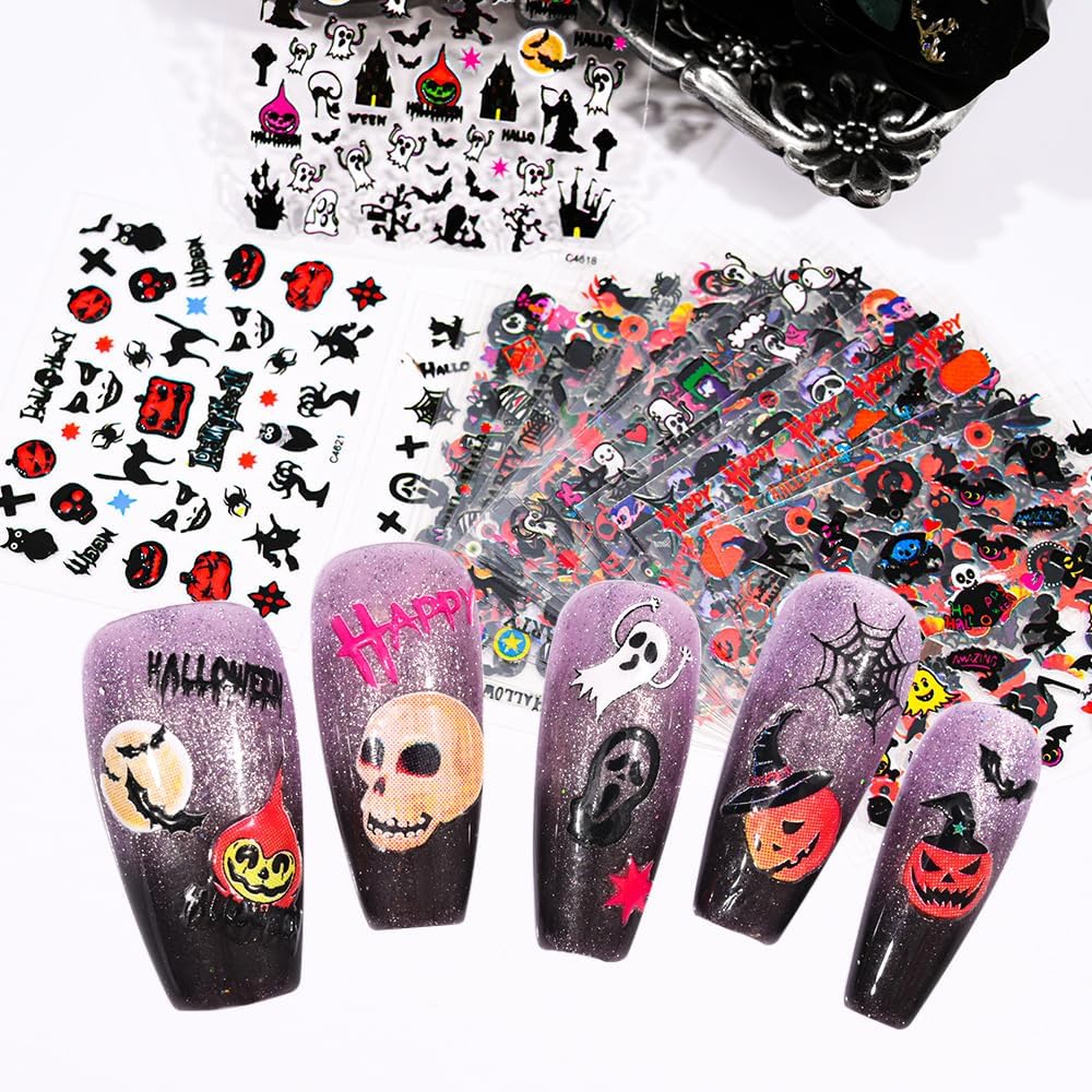 30 Sheets Halloween Nail Stickers Pumpkin Ghost Face Nail Charms Decals 3D Self Adhesive Spider Web Cat Bat Manicure Art Sticker for Acrylic Nails DIY Decorations-FemmiqueWomen