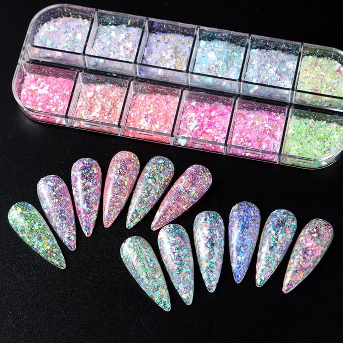12 Colors Mermaid nail art glitter sequins Iridescent Ice Slag nail glitter flakes Ultra Thin Nail Art Designs 3D holographic nail sequins for Nail Art Supplies Manicure Decoration Accessories-FemmiqueWomen