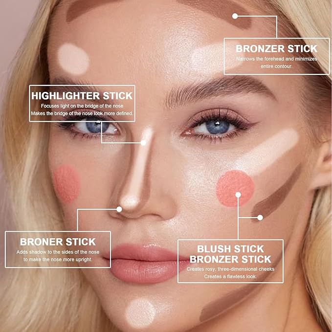 3 Colors Cream Contour Stick, Shades with Highlighter Stick,Blush Stick and Bronzer Contour Stick for Sculpt the Cheeks,Long Lasting,Waterproof,Matte & Dewy Finish for Women (FAIR(7+9+11))-FemmiqueWomen