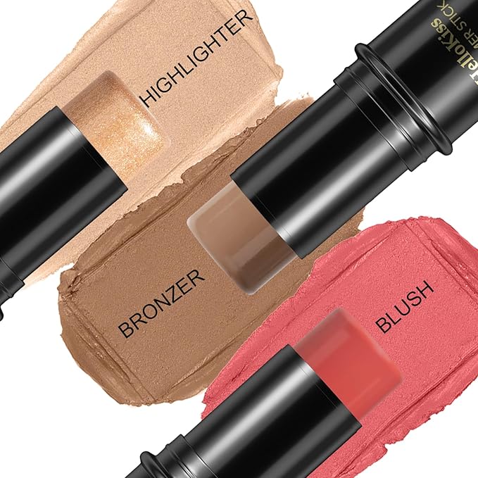3 Pcs Face Contour Stick Kit, Matte Finish Face Stick Trio with Bronzer Blush Highlighter and Brush, Long Lasting Waterproof Cream Beauty Wand Makeup Set for Sculpt Glowing Face Look (#4, 10, 14)-FemmiqueWomen