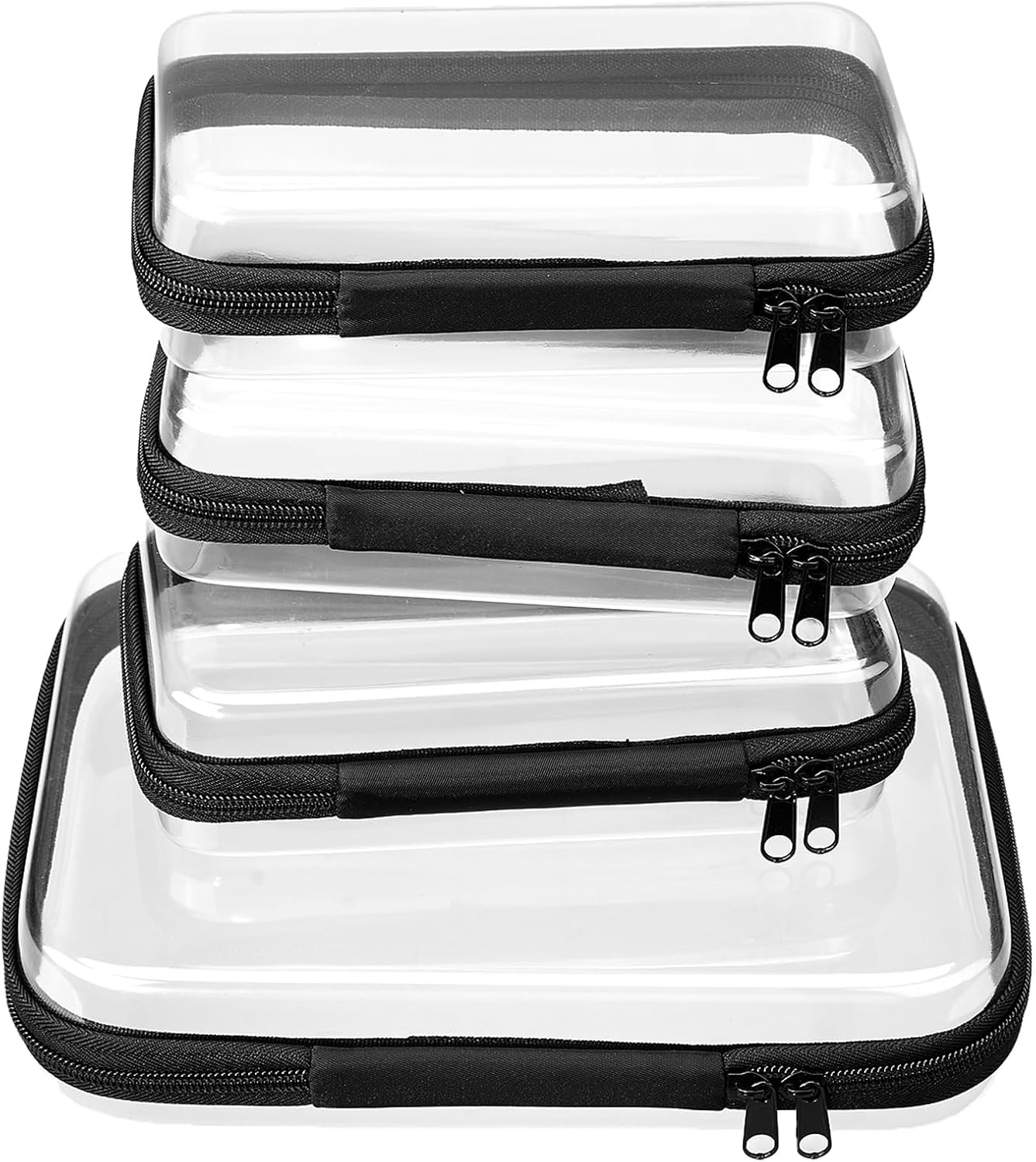 4 pcs Clear Zipper Pouches,Hard Shell Zipper Case, Toiletry Bag for Travel, CLear Diaper Bag, Toiletry Pouch, Travel Organizer, Clear Cosmetic Bag,Toy Storage Bins (M+3S)(Black)-FemmiqueWomen