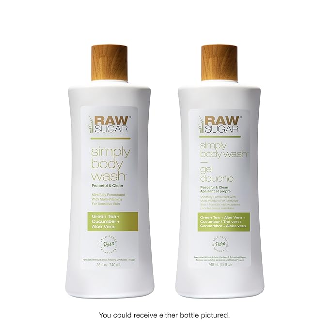 RAW SUGAR Sensitive Skin Simply Body Wash - Green Tea + Cucumber + Aloe Vera, Moisturizing & Brightening Bath & Shower Gel, Sulfate-Free, Paraben-Free & Vegan (Pack of 3)-FemmiqueWomen