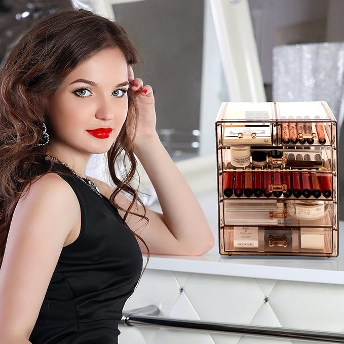 Sorbus Acrylic Clear Makeup Organizer - Big & Spacious Cosmetic Display Case - Stylish Designed Jewelry & Make Up Organizers and Storage for Vanity, Bathroom (4 Large, 2 Small Drawers) [Bronze Glow]-FemmiqueWomen