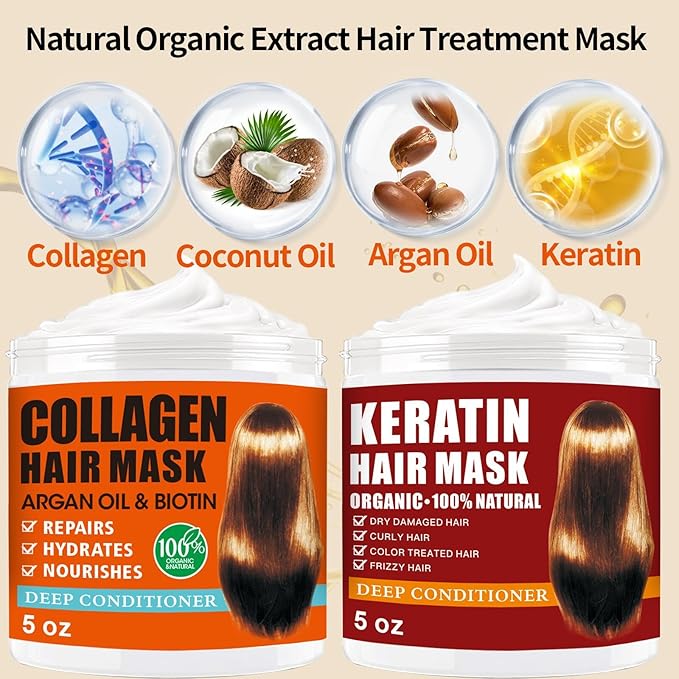 2 Pack Collagen Hair Mask & Keratin Hair Mask,Keratin Hair Treatment,Hydrating Argan Oil Hair Repair Treatment Deep Conditioner Hair Mask for Dry Hair,Collagen with Biotin Hair Treatment Mask-FemmiqueWomen