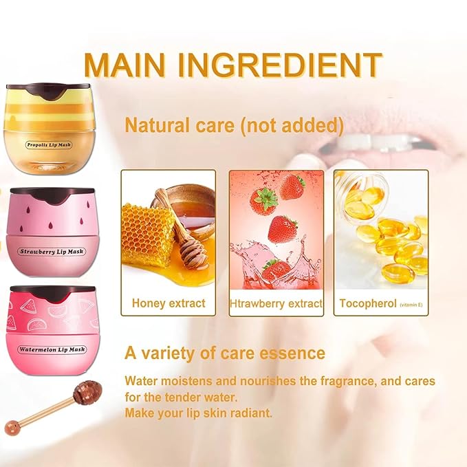3 PCS Bee Lip Mask Honey Pot Lip Balm,Strawberry Watermelon Lip Mask Overnight Hydrating Dry and Crack Lip Scrubs Exfoliator Propolis Lip Sleeping Mask (Strawberry & Watermelon & Honey)-FemmiqueWomen