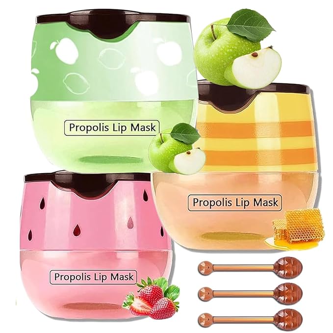 3 PCS Bee Lip Mask Lip Balm Honey Pot, Strawberry & Honey Lip Sleeping Mask Hydrating Prevention Dry and Cracked Lip Scrubs Exfoliator,Lip Mask Overnight Reduces Lip Lines-FemmiqueWomen