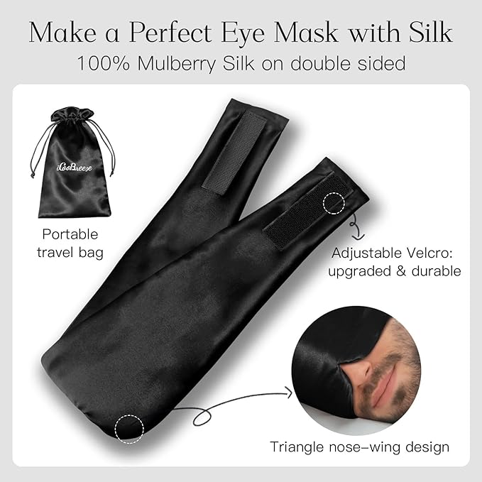 100% Natural Silk Eye Mask for Women Men, Soft Pressureless Cooling Blackout Eye Covers for Sleeping, Large Size Sleep Mask fits All Heads Adjustable, 1PC, Black-FemmiqueWomen