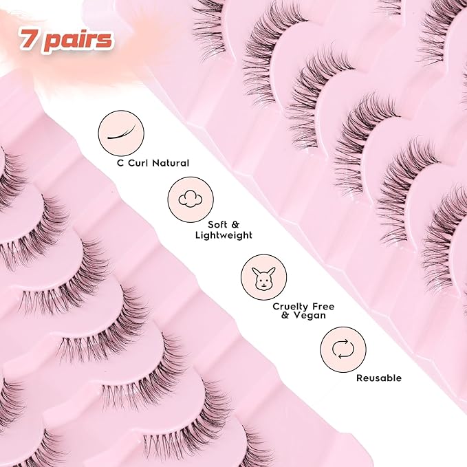 Eyelashes Natural False Lashes 14mm Eye Lashes with Thin Band 3D Volume Fake Eyelashes C Curl Wispy Lashes Natural Look 7 Pair-FemmiqueWomen