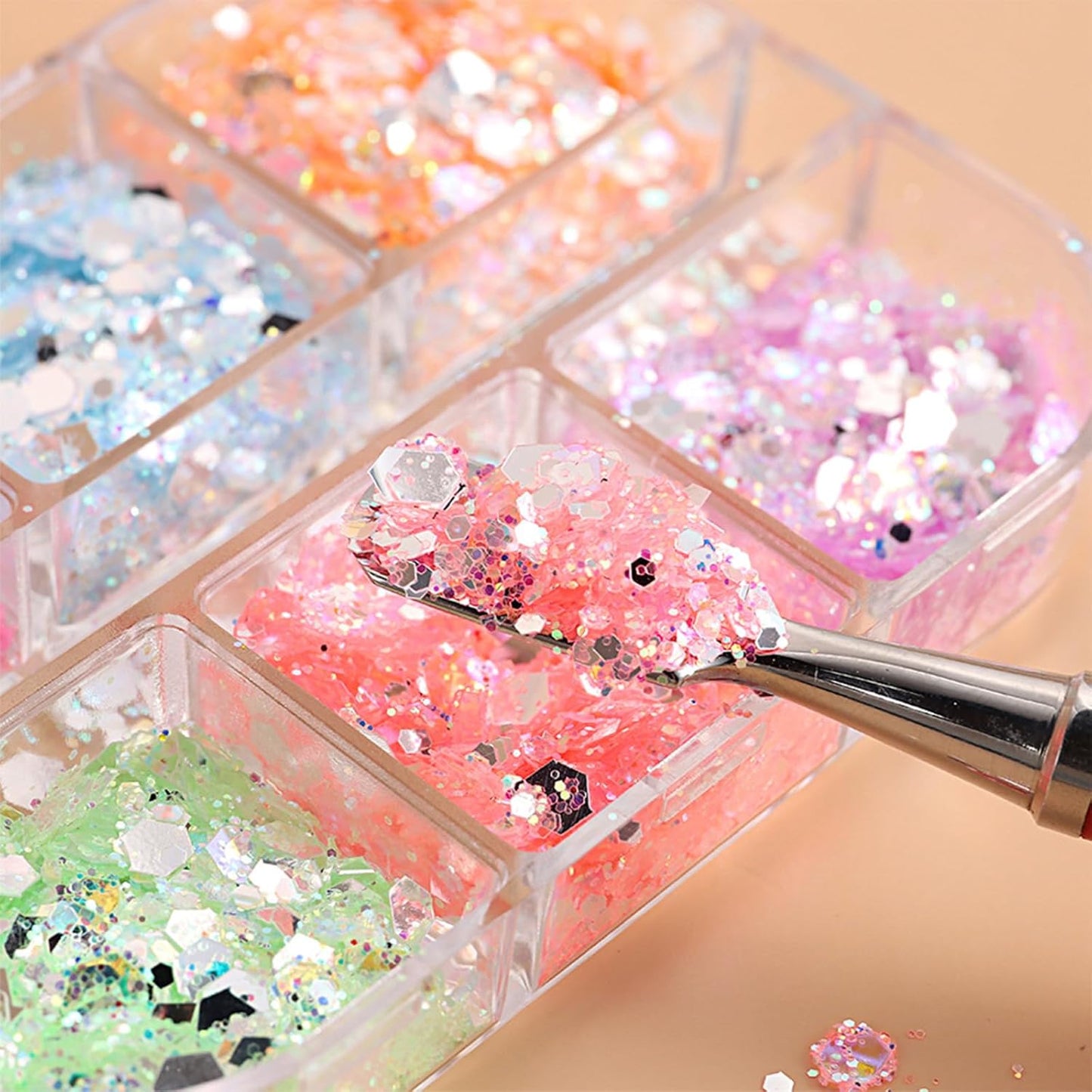 12 Grids Colorful Mermaid Nail Sequin Holographic Nail Art Glitter,Iridescent Nail Art Flake Glitter Decals Glass Paper Design Nail Accessories Acrylic Nails for Women Make Up DIY Nail Decoration-FemmiqueWomen