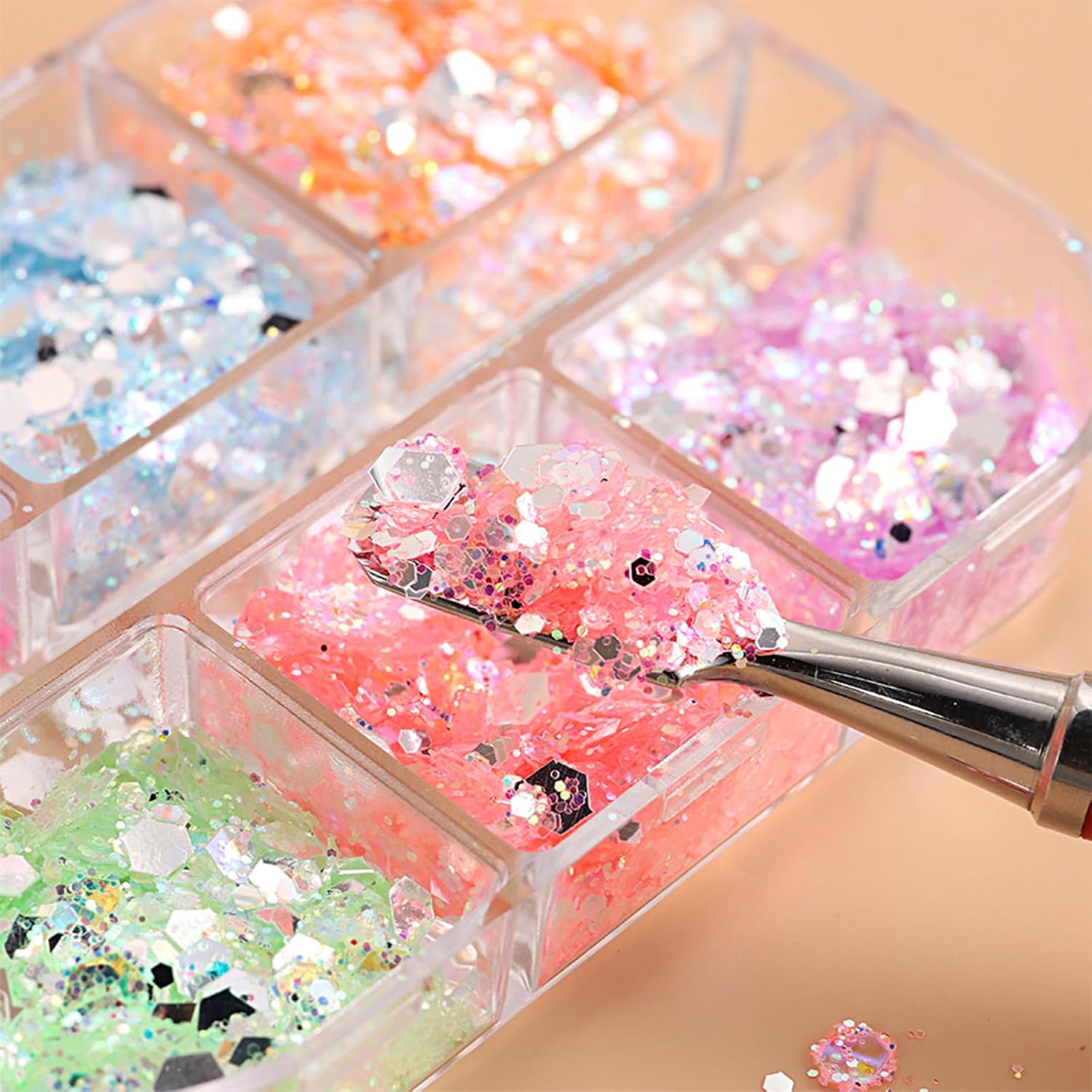 12 Grids Colorful Mermaid Nail Sequin Holographic Nail Art Glitter,Iridescent Nail Art Flake Glitter Decals Glass Paper Design Nail Accessories Acrylic Nails for Women Make Up DIY Nail Decoration-FemmiqueWomen