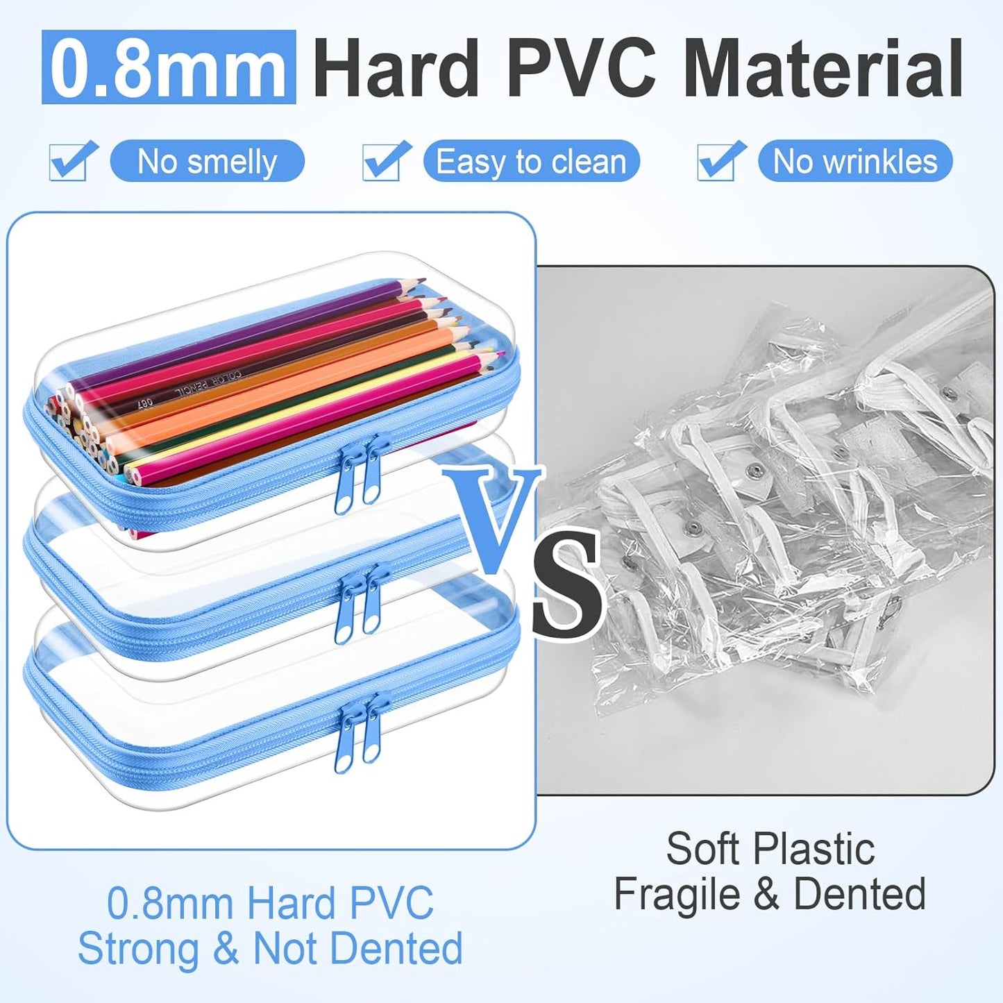 Hoolerry 3 Pcs Clear Hard Zipper Case Plastic Pouch Transparent Hard Case Clear Makeup Bag Portable Travel Organizer Bin for Cosmetics, Building Blocks, Puzzles(Blue,S)-FemmiqueWomen