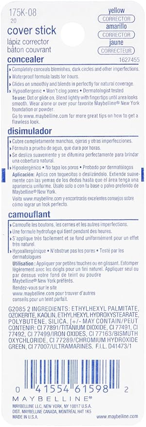 Maybelline New York Cover Stick Corrector Concealer, Yellow Corrects Dark Circles, 0.16 oz.