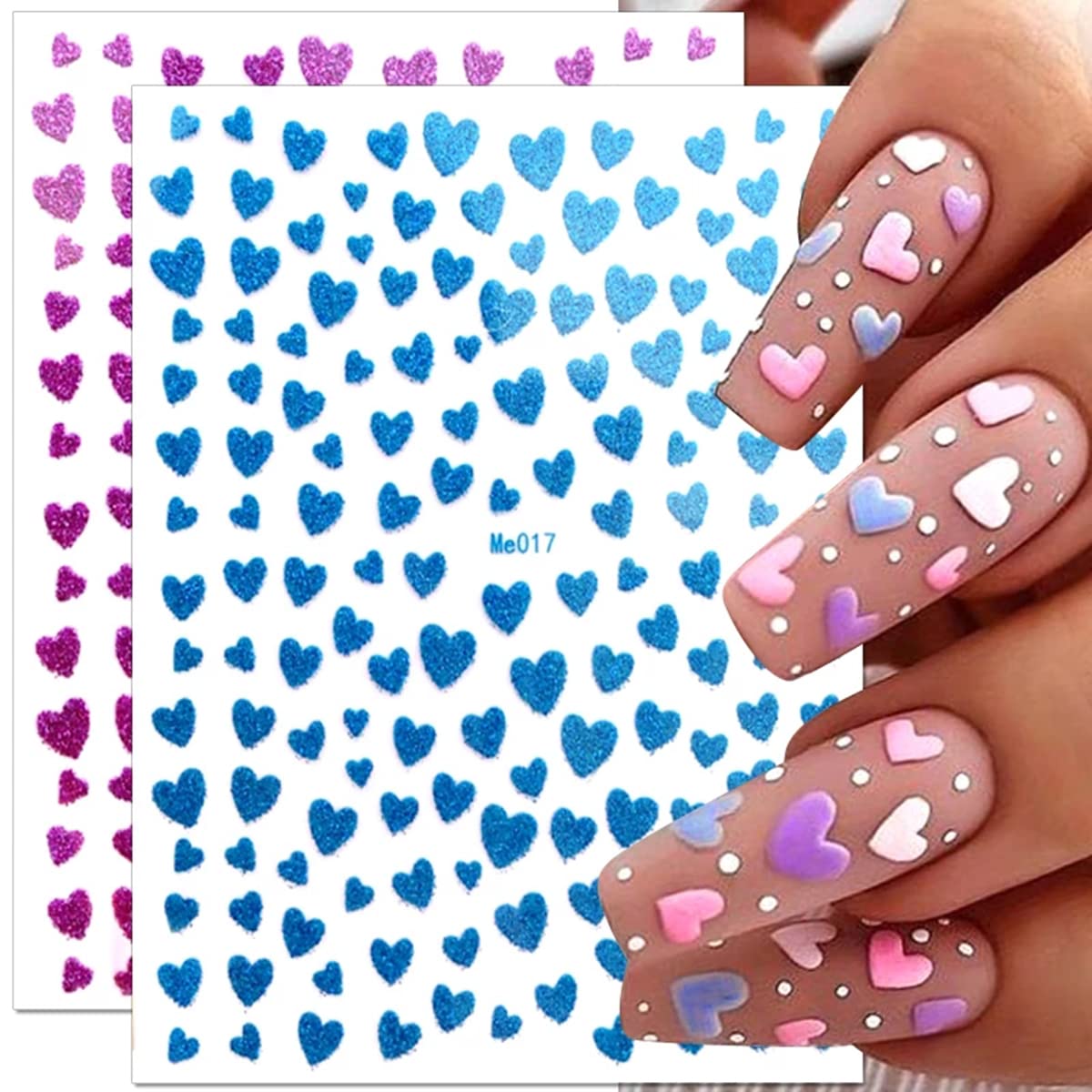 10 Sheets Heart Nail Stickers - 3D Self-Adhesive Valentine's Day Nail Art Stickers - Shiny Love Heart Nail Decals - Gold, Silver, Black-FemmiqueWomen