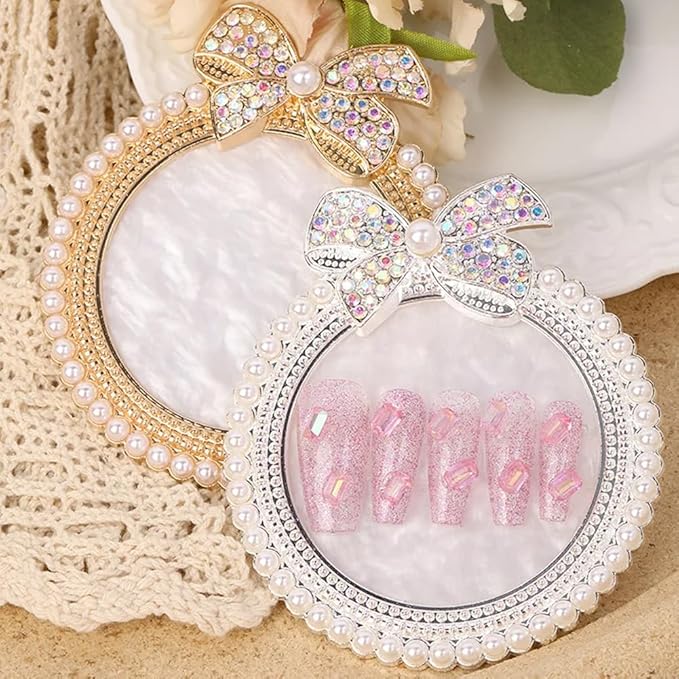 2 Pack Bow with Rhinestones Pearl Nail Art Palette Nail Polish Art Painting Mixing Palette Holder Pearl Edge Professional Cosmetic Nail Art Tools for Women and Girls Nail Polish Display-FemmiqueWomen