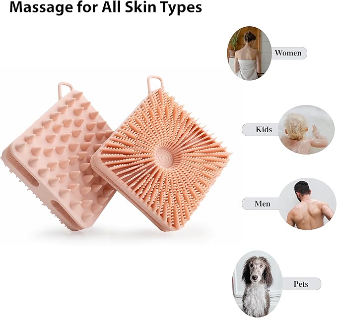 2 PC Silicone Exfoliating Body Scrubber, Silicone Body Shampoo Brush, Soft Silicone Loofah for Sensitive Skin, Shower Silicone Hair Scalp Massager, Easy to Clean, Lather Well(Gray&Pink)-FemmiqueWomen