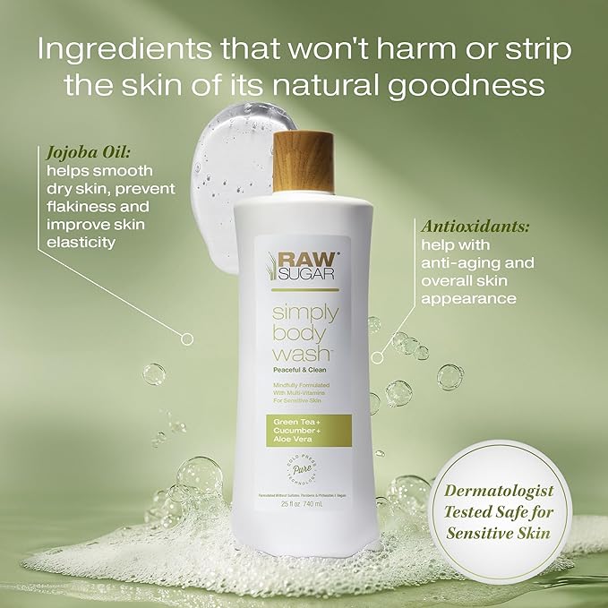 RAW SUGAR Sensitive Skin Simply Body Wash - Green Tea + Cucumber + Aloe Vera, Moisturizing & Brightening Bath & Shower Gel, Sulfate-Free, Paraben-Free & Vegan (Pack of 3)-FemmiqueWomen