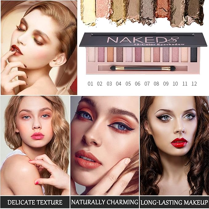 2 Pcs 12 Colors Eye Shadow Palette,Nude Matte Smokey Shimmer Glitter Eyeshadow Palette,Blendable Rich Colors,Waterproof Beauty Makeup Palette Kit with Double-Ended Makeup Brush(A+B)-FemmiqueWomen