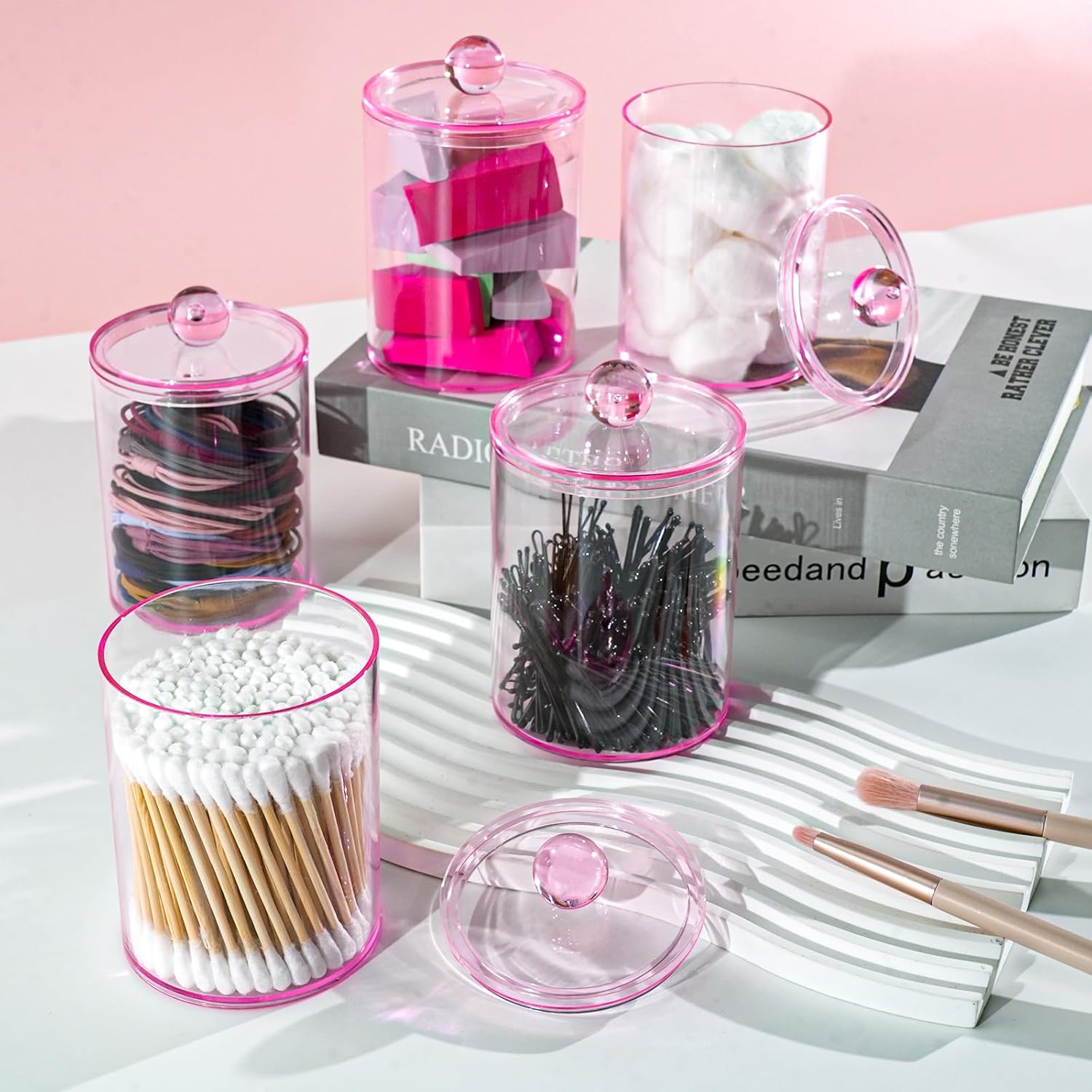 2 Pack Qtip Holder,Canister Apothecary Jar Set, Bathroom Jars with Lids Set for Cotton Swabs, Balls, Pads, Floss Picks,10oz-12oz Plastic Canisters Restroom Bedroom Vanity Organizer(Pink)-FemmiqueWomen