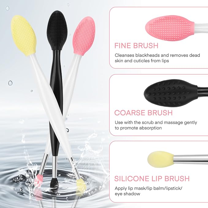 Unaone Lip Scrub Brush - 3 PCS Dual-ended Lip Scrubber Exfoliator and Silicone Lip Brush, 2-in-1 Silicone Lip Scrub Tool Lip Mask Applicator, Gentle Exfoliator & Applicator for Soft-FemmiqueWomen