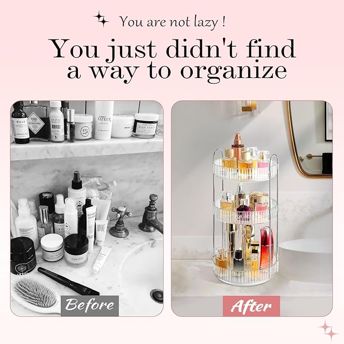 360° Rotating Makeup Organizer for Vanity, Spinning Cosmetics Organizer Holder Rack, Large Capacity Bathroom Organizer Countertop, Fits Perfume, SkinCare, Makeup Brushes 3 Tiers, Transparent-FemmiqueWomen