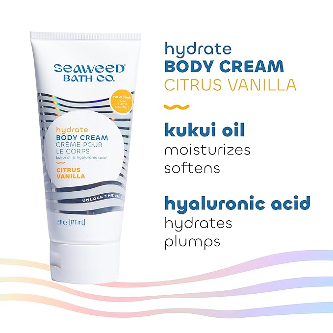 Seaweed Bath Co. Hydrate Body Cream, Citrus Vanilla Scent, 6 Ounce, Nourishing Hand & Body Lotion Moisturizer for Dry Skin, with Sustainably Harvested Seaweed, Kukui Oil, Hyaluronic Acid, Shea Butter-FemmiqueWomen