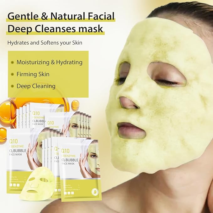 10 Sheets Coenzyme Q10 O2 Bubble Masks for Face, Bubble Face Mask Skincare for All Skin Types, Deep Cleansing Moisturizing Facial Mask Skin Care for Pores, Firming, Purifying, Sheet Masks for Spa-FemmiqueWomen