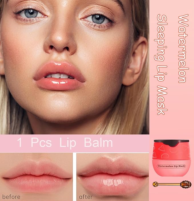 1 PCS Bee Lip Balm Honey Pot, Exfoliating Watermelon Bee Lip Balm Sleeping Lip Mask Overnight with Sticks, Honey Pot Lip Balm Prevention Dry Hydrating and Crack Lip Scrubs-FemmiqueWomen