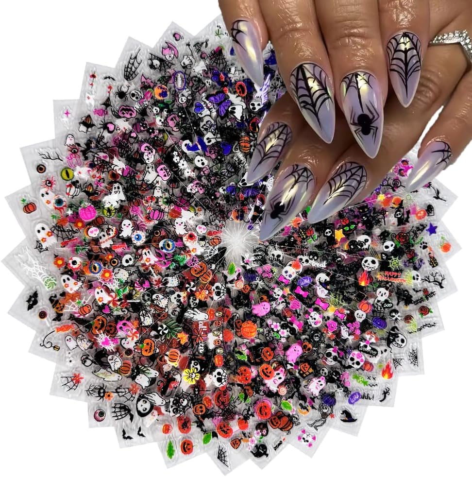 30 Sheet Halloween Nail Art Stickers Decals Cute Ghost Pumpkin Design Spider Web Scary Eyes Acrylic Nails Supplies for Women Manicure Decorations-FemmiqueWomen