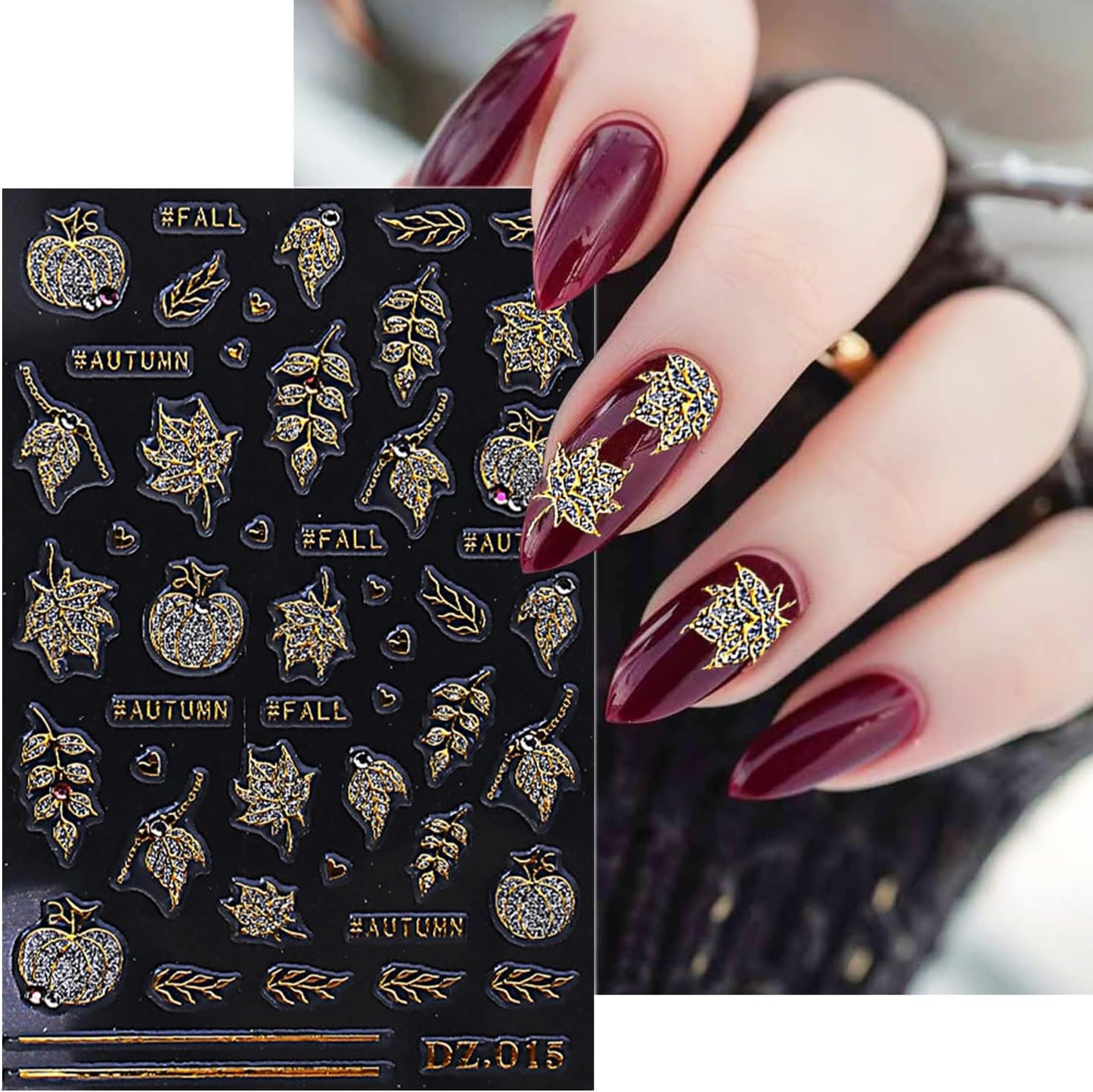 2 Sheets Fall Nail Stickers for Nail Art Glitter Gold Leaf Nail Art Stickers Embossed Autumn Pumpkin Nail Decals 5D Self-Adhesive Diamond Nail Design Sticker for Women Thanksgiving Nails Decoration-FemmiqueWomen