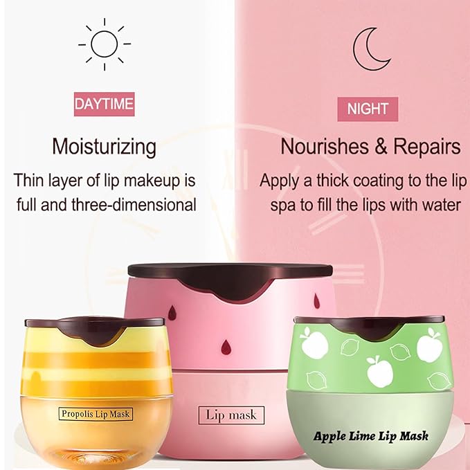 3 PCS Bee Lip Balm Lip Mask Honey Pot, Honey & Strawberry & Apple Lime Lip Mask Overnight Propolis Moisturizing Lip Balm with Stick,Hydrating Repair Lip Sleeping Mask,Prevention Dry and Cracked-FemmiqueWomen