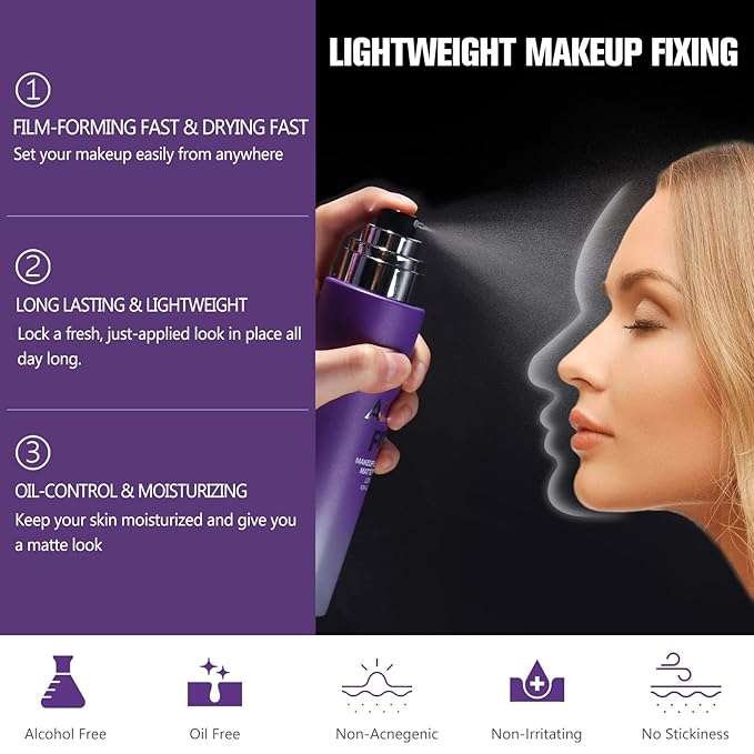 Long Lasting Makeup Setting Spray Kit- 6.76 Fl oz Hydrating Matte Finish Mist Lightweight Face Make up Fixer +Travel Size Spray Bottle+Sponge Puff Makeup Set-FemmiqueWomen