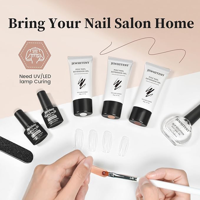 JEWHITENY Poly Nail Gel Set Clear Nude Brown Neutral Classic Color Base and Top Coat Slip Solution Poly Extension Gel With Acrylic Nail Builder Need U V Lamp Curing-FemmiqueWomen