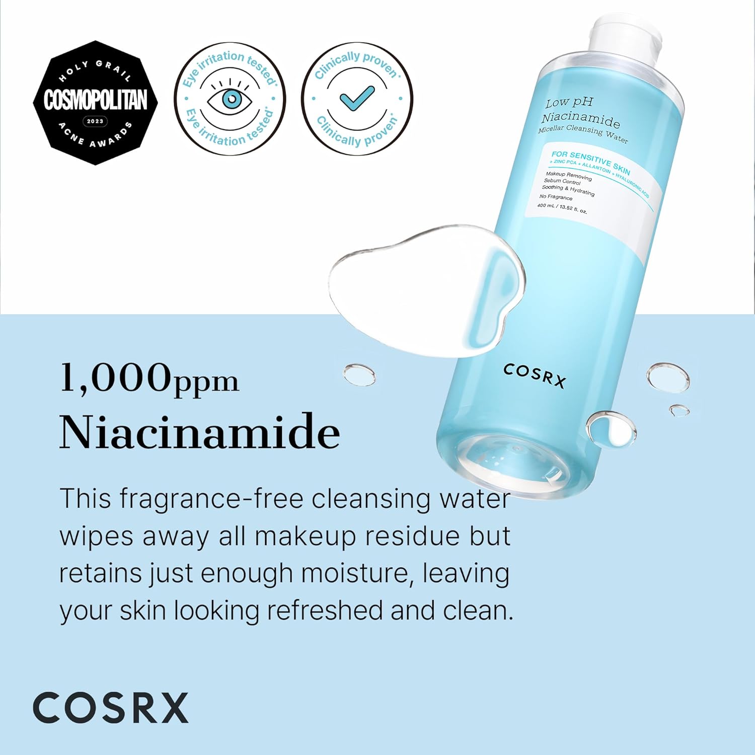 COSRX Low pH Niacinamide Micellar Cleansing Water Daily Mild Facial Cleansing Wash for Sensitive Skin, Sebum control, Korean Skin Care (13.52fl.oz/400ml)-FemmiqueWomen