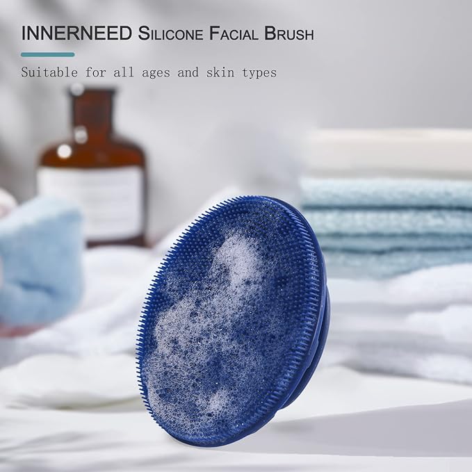 INNERNEED Silicone Face Exfoliating Brush Manual Handheld Facial Cleansing Scrubber Blackhead Remover, Food-Grade Soft Bristle (Dark Blue+Gray)-FemmiqueWomen