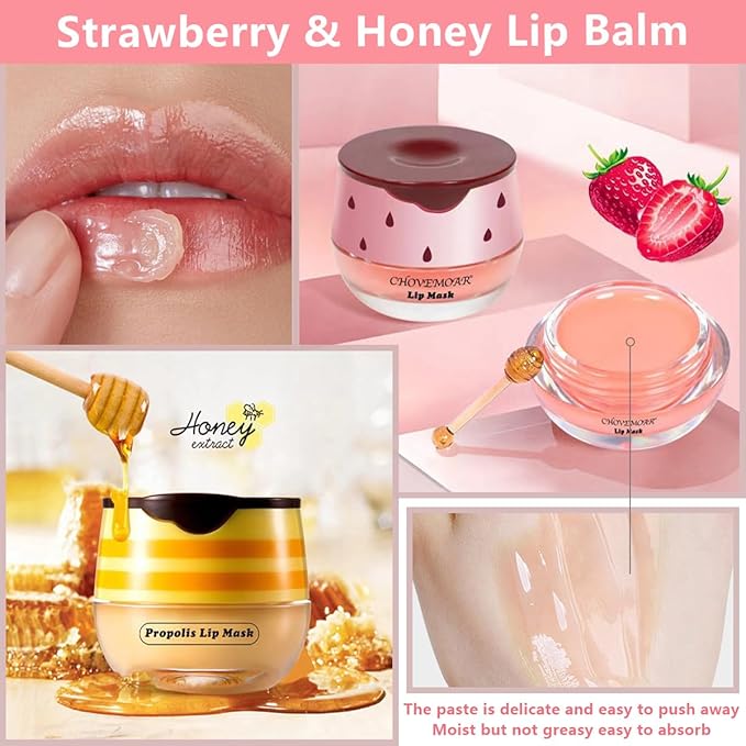 2 Pcs Strawberry & Honey Lip Balm, Lip Mask with Stick, Moisturizing Lip Sleeping Mask Day & Night Lip Care - Hydrate Repair Prevent Dry Cracked Exfoliate (Honey+Strawberry)-FemmiqueWomen