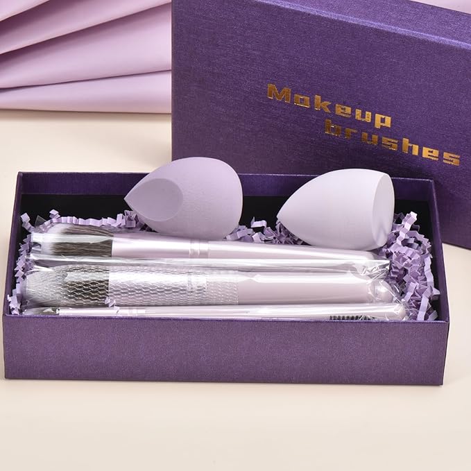 Gift Ready 10 Piece Purple Makeup Brushes Set and 2 Piece Makeup Sponge – Wooden Handle with Soft Synthetic Bristles, Concealer, Powder – (Ideal for Christmas, Birthday, Women)-FemmiqueWomen