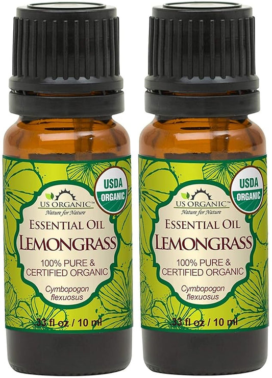 US Organic 100% Pure Lemongrass Essential Oil, USDA Certified Organic, Undiluted, Therapeutic Grade, Steam Distilled, for Aromatherapy, Freshening, and DIY Personal Care (10ml, Pack of 2)-FemmiqueWomen