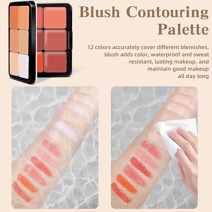 12 Colors Cream Blush Palette, Color Correcting Concealer Foundation Palette, Long Wearing Smudge Proof Blendable Matte Finish Blush Powder Highlighter and Cream Contour Palette Makeup (01)-FemmiqueWomen