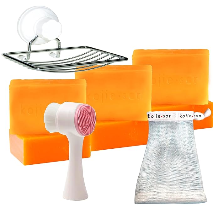 Kojie San Face & Body Skin Brightening Shower 9pc Set - the Original Kojic Acid Soap that Helps Reduce Dark Spots 6 x 135g Bars, Soap Dish and Facial Cleansing Brush…-FemmiqueWomen