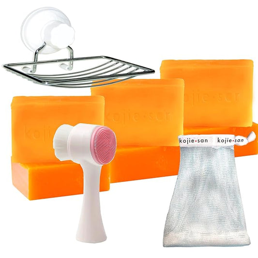 Kojie San Face & Body Skin Brightening Shower 9pc Set - the Original Kojic Acid Soap that Helps Reduce Dark Spots 6 x 135g Bars, Soap Dish and Facial Cleansing Brush…-FemmiqueWomen
