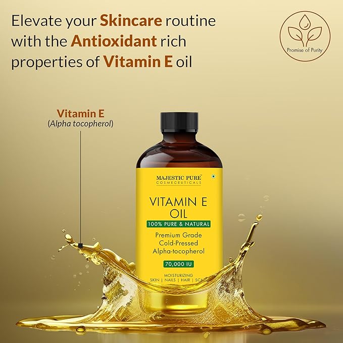 Majestic Pure Vitamin E Oil - 100% Pure & Natural, 70,000 IU | Premium Grade, Cold-Pressed and Tocopherol to Repair Dry, Damaged Skin| Moisturizing Skin, Hair and Scalp 4 Fl Oz-FemmiqueWomen