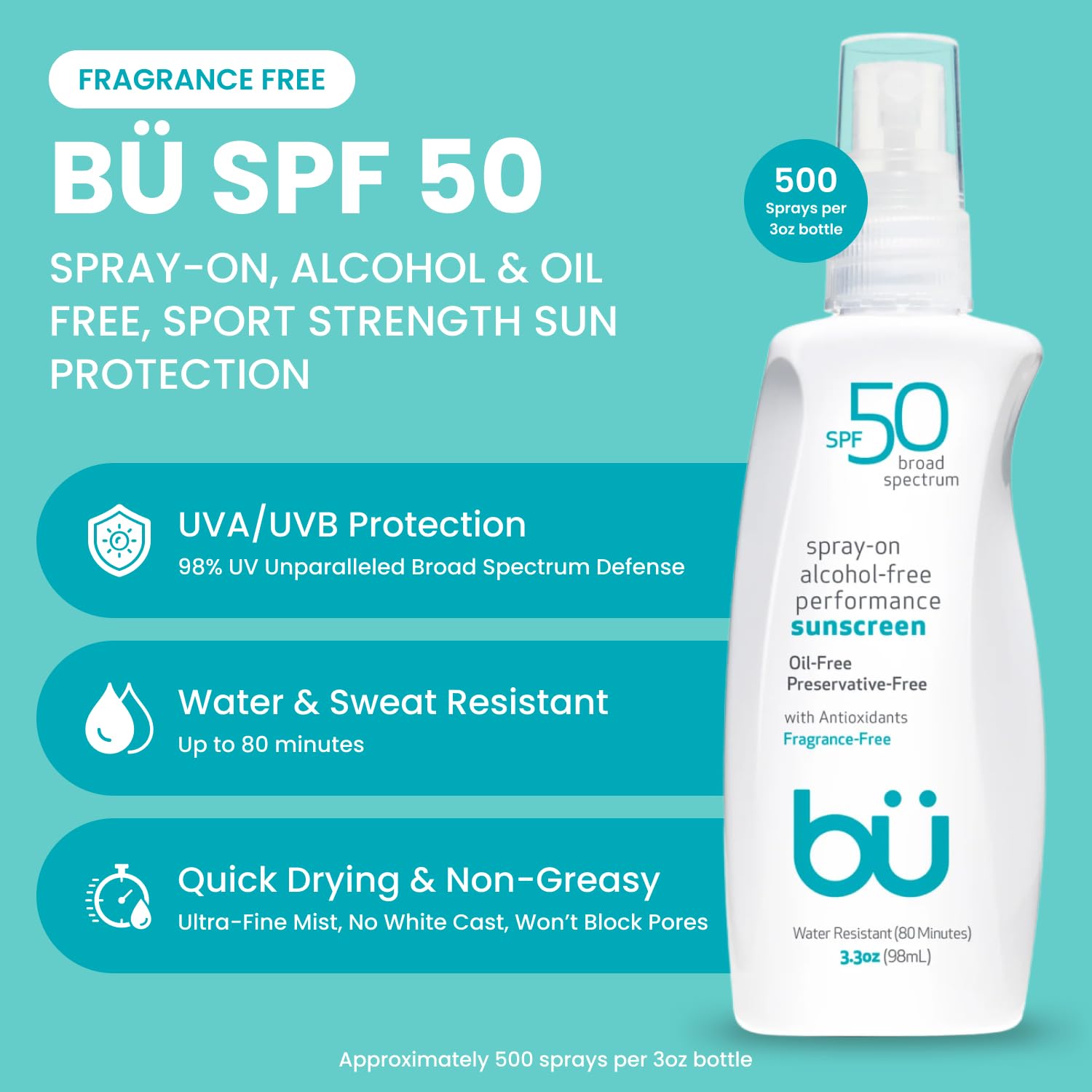 BU SPF 50 Sunscreen Spray for Face and Body, Fragrance Free, Clear Non Aeorsol, Non Greasy and Water Resistant (3-pack)-FemmiqueWomen