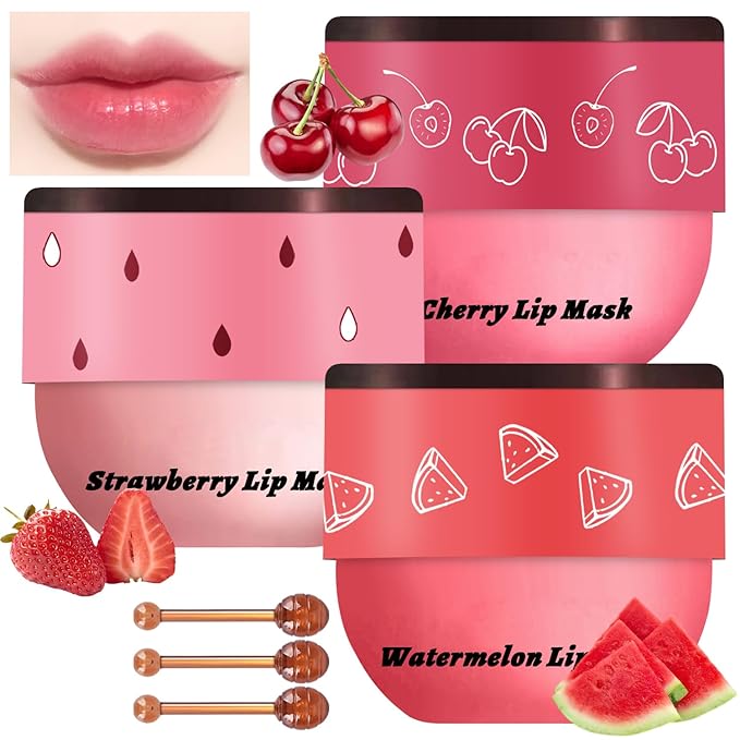 3 PCS Bee Lip Balm Honey Pot, Watermelon & Cherry & Strawberry Lip Mask Overnight Propolis Moisturizing Lip Balm Hydrating Prevention Dry and Crack Lip Scrubs Exfoliator Lip Wrinkle Care (Set C)-FemmiqueWomen