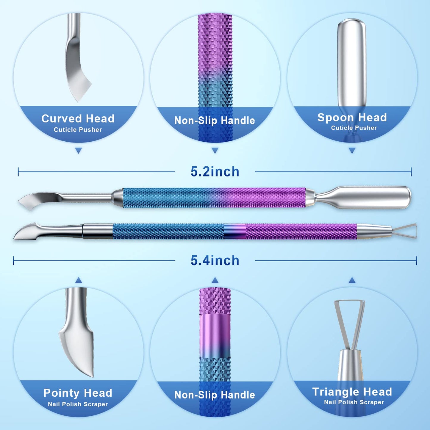 2PCS Metal Cuticle Pusher and Scraper (Blue Purple Mermaid), Nail Trimmer Cutter Stainless Steel Gel Scraper Tool, Nail Polish Remover Peeler Salon Manicure Pedicure Cleaner for Fingernail and Toenail-FemmiqueWomen