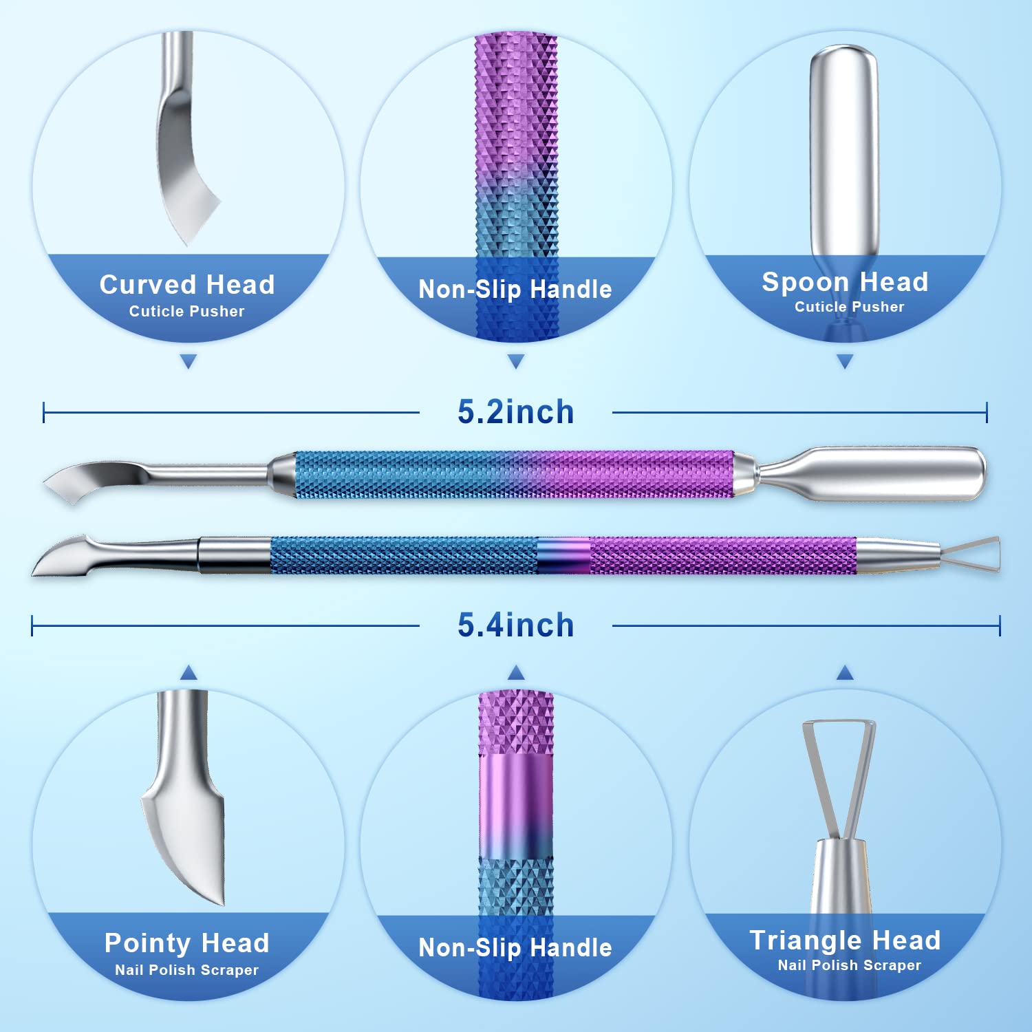 2PCS Metal Cuticle Pusher and Scraper (Blue Purple Mermaid), Nail Trimmer Cutter Stainless Steel Gel Scraper Tool, Nail Polish Remover Peeler Salon Manicure Pedicure Cleaner for Fingernail and Toenail-FemmiqueWomen