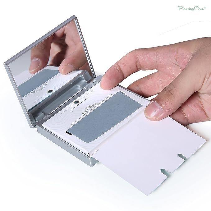 Makeup Mirror with Facial Oil Blotting Paper Sheets - Bamboo Charcoal 100 Counts, Silver Compact Folding Cosmetic Travel Mirror-FemmiqueWomen