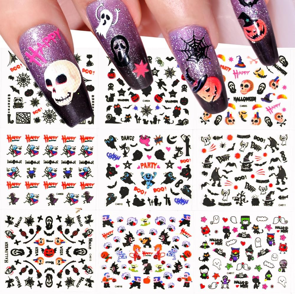 30 Sheets Halloween Nail Stickers Pumpkin Ghost Face Nail Charms Decals 3D Self Adhesive Spider Web Cat Bat Manicure Art Sticker for Acrylic Nails DIY Decorations-FemmiqueWomen