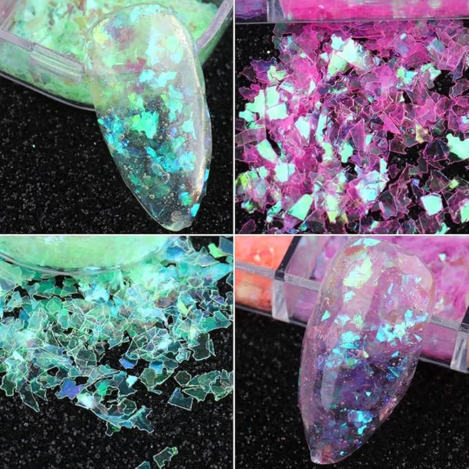 12 Colors Holographic Nail Art Glitter Sequins Iridescent Ice Slag Nail Glitter Laser Nail Art Flakes Colored Fluorescent Glass Paper Nail Sticker Decoration for Face Hand Body Make-Up DIY-FemmiqueWomen