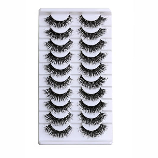 SUNWELL False Eyelashes 15mm Mink Lashes Cat Eye Lashes 8D Fluffy Wispy Foxy Eye Fake Lashes Strips Natural Look Faux Mink Lashes 10 Pairs Pack-FemmiqueWomen