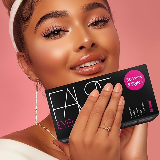 Eliace Eyelashes, (50 Pairs,5 Styles) Luxurious Faux Mink Lashes Natural Look Wispy Fluffy Handmade Cat Eye False Lash Pack, False Eyelashes Set, Fake Lashes Strips, Makeup Fake Eyelashes Pack-FemmiqueWomen